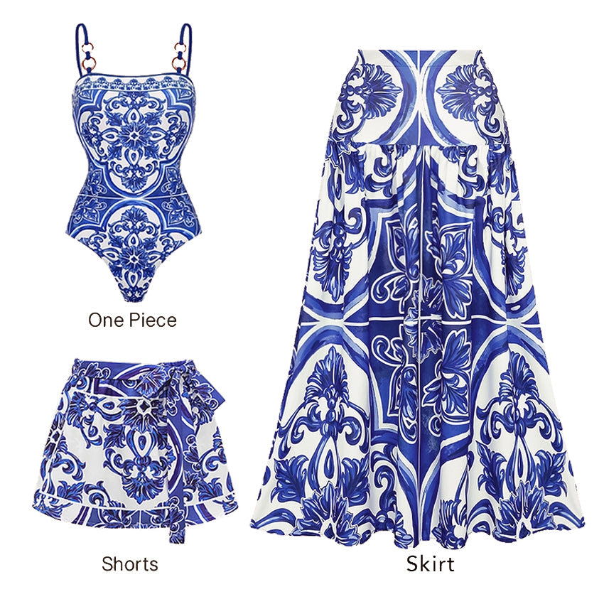Women's Majolica Print One-Piece Swimsuit & Skirt or Shorts Set Sling Neck Beach Vacation Resort Pool Party Cruise Summer – Blue & White