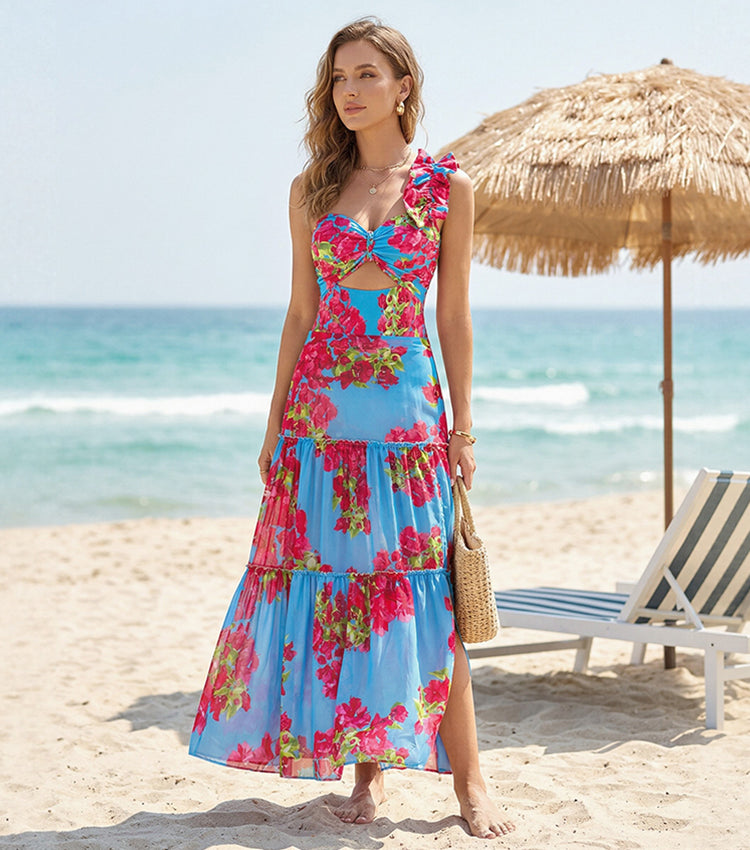 Women's Laser Cut Flower Hollow One-Piece Swimsuit with Cover Up Skirt V-Neck Elegant Beach Summer Swimwear – Navy Blue