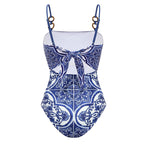 Women's Majolica Print One-Piece Swimsuit & Skirt or Shorts Set Sling Neck Beach Vacation Resort Pool Party Cruise Summer – Blue & White