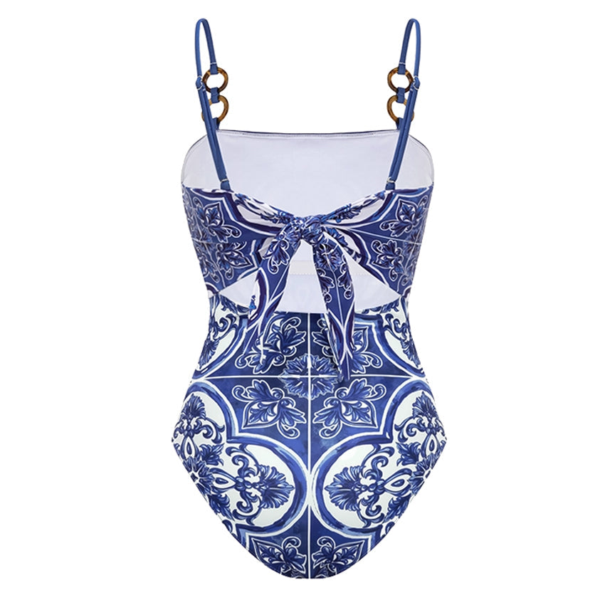 Women's Majolica Print One-Piece Swimsuit & Skirt or Shorts Set Sling Neck Beach Vacation Resort Pool Party Cruise Summer – Blue & White