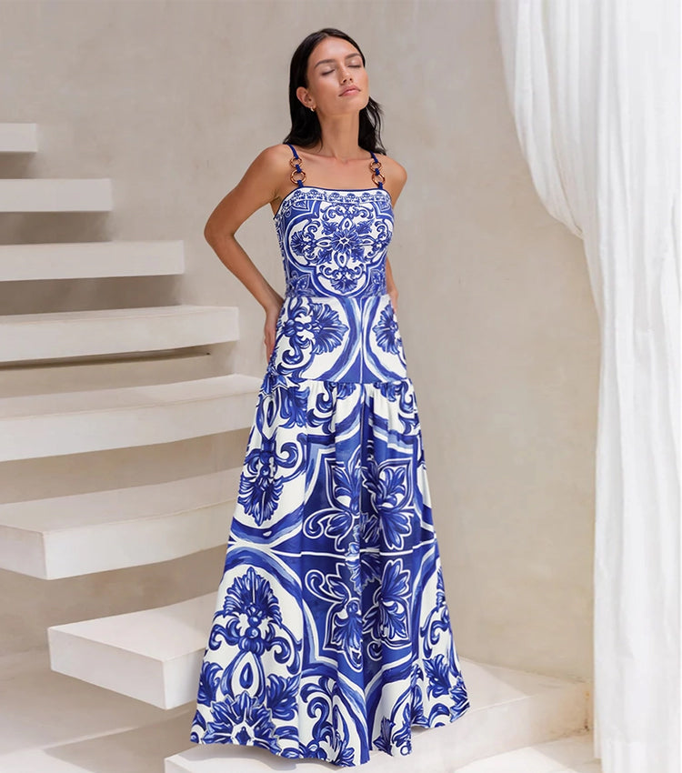 Women's Majolica Print One-Piece Swimsuit & Skirt or Shorts Set Sling Neck Beach Vacation Resort Pool Party Cruise Summer – Blue & White