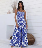 Women's Majolica Print One-Piece Swimsuit & Skirt or Shorts Set Sling Neck Beach Vacation Resort Pool Party Cruise Summer – Blue & White