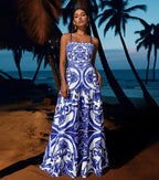 Women's Majolica Print One-Piece Swimsuit & Skirt or Shorts Set Sling Neck Beach Vacation Resort Pool Party Cruise Summer – Blue & White