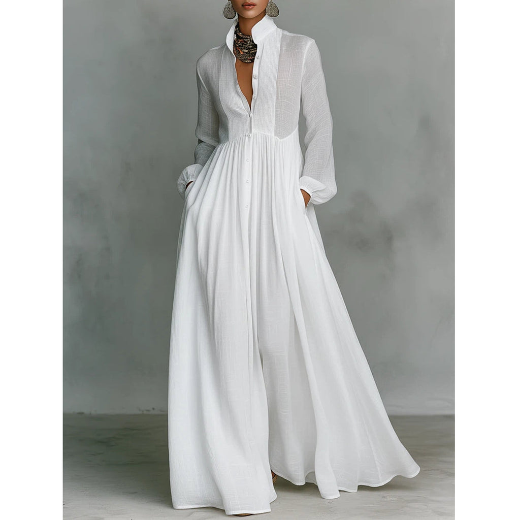 Women's Minimalist Cotton Linen Casual Formal Long Dress Stand-Up Collar Single-Breasted Elegant – White