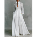 Women's Minimalist Cotton Linen Casual Formal Long Dress Stand-Up Collar Single-Breasted Elegant – White