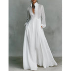 Women's Minimalist Cotton Linen Casual Formal Long Dress Stand-Up Collar Single-Breasted Elegant – White