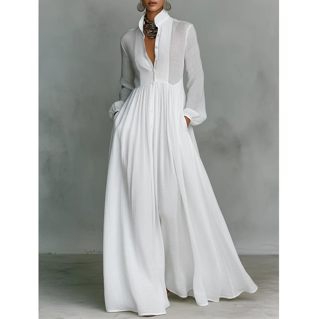 Women's Minimalist Cotton Linen Casual Formal Long Dress Stand-Up Collar Single-Breasted Elegant – White