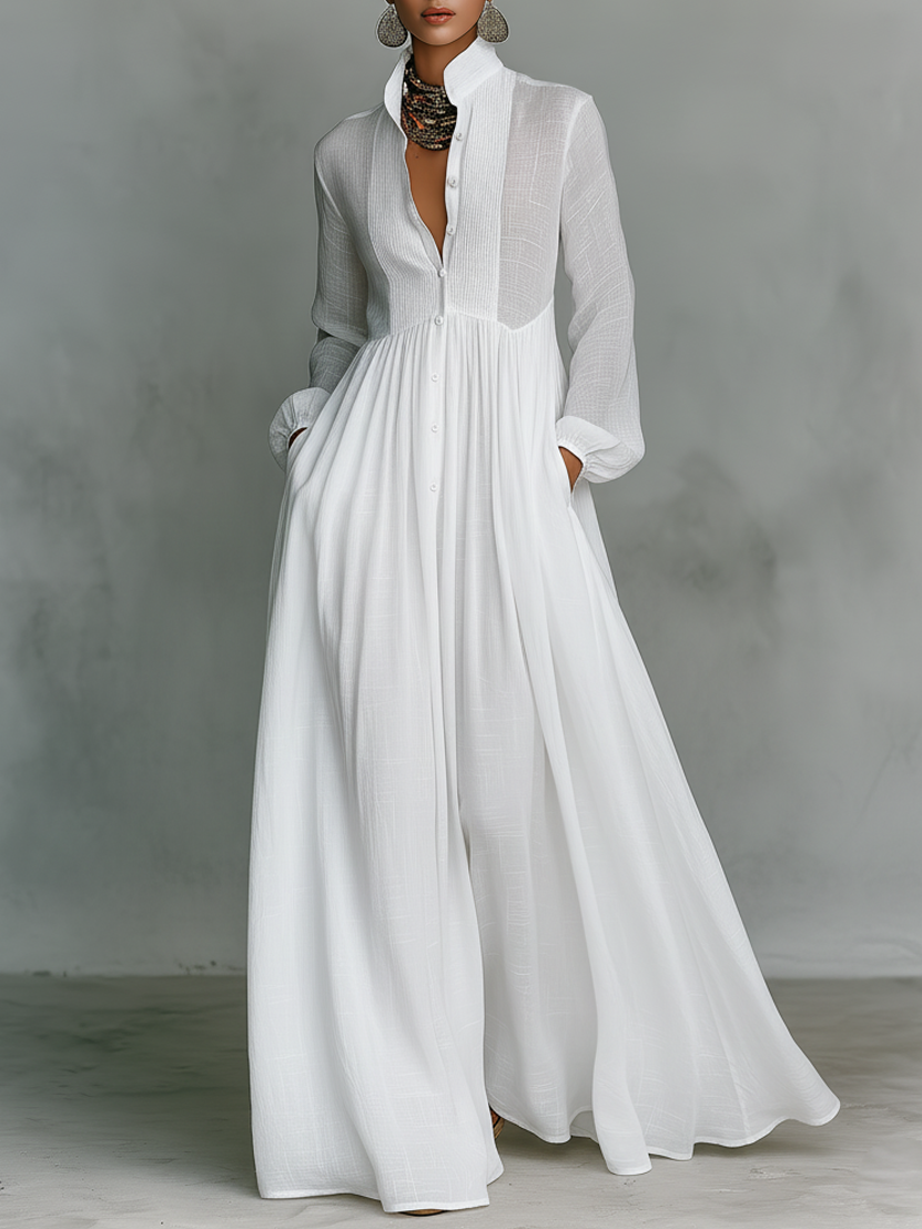 Women's Minimalist Cotton Linen Casual Formal Long Dress Stand-Up Collar Single-Breasted Elegant – White