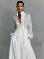 Women's Minimalist Cotton Linen Casual Formal Long Dress Stand-Up Collar Single-Breasted Elegant – White