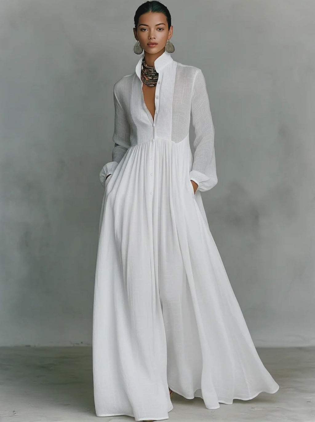 Women's Minimalist Cotton Linen Casual Formal Long Dress Stand-Up Collar Single-Breasted Elegant – White