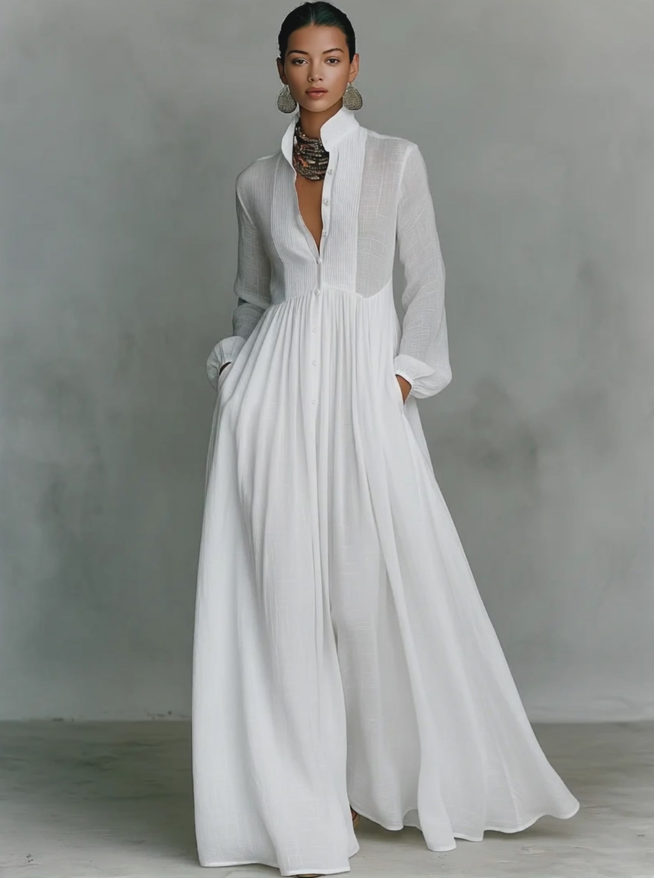 Women's Minimalist Cotton Linen Casual Formal Long Dress Stand-Up Collar Single-Breasted Elegant – White