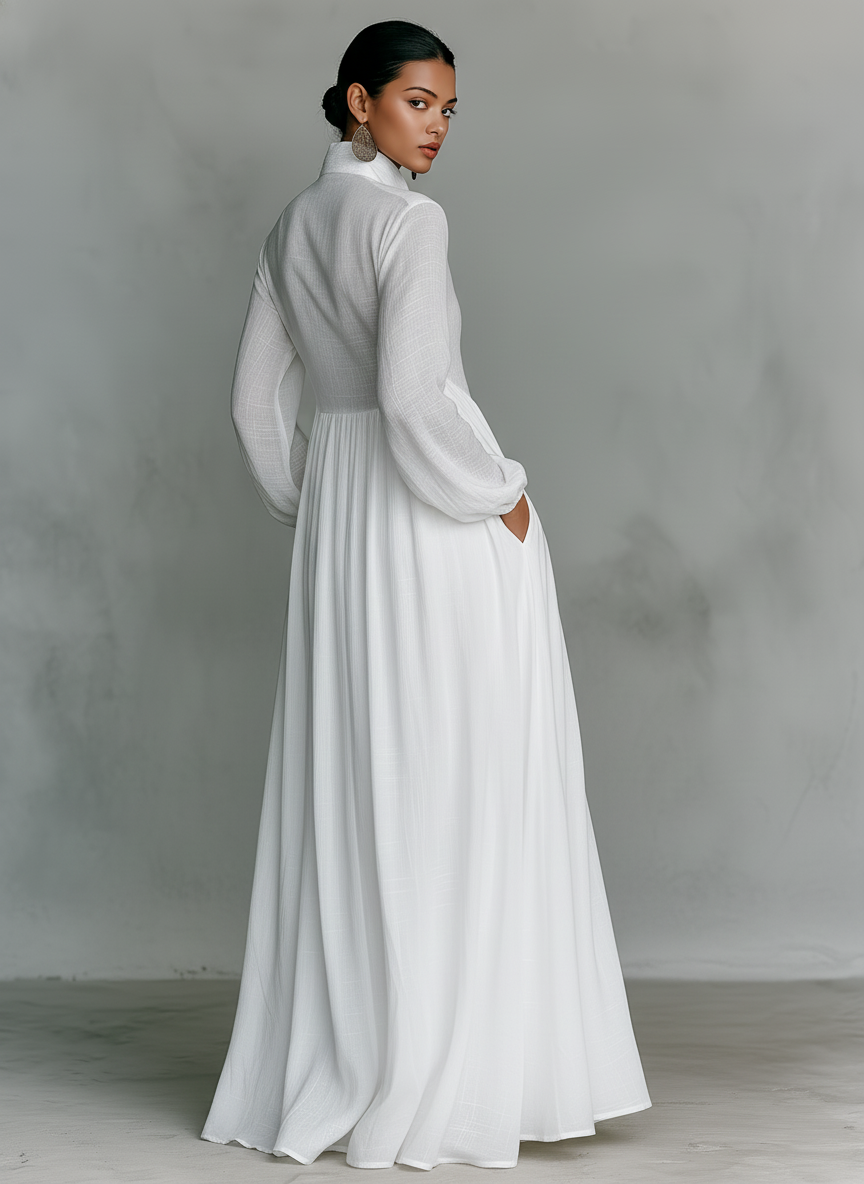Women's Minimalist Cotton Linen Casual Formal Long Dress Stand-Up Collar Single-Breasted Elegant – White