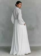 Women's Minimalist Cotton Linen Casual Formal Long Dress Stand-Up Collar Single-Breasted Elegant – White