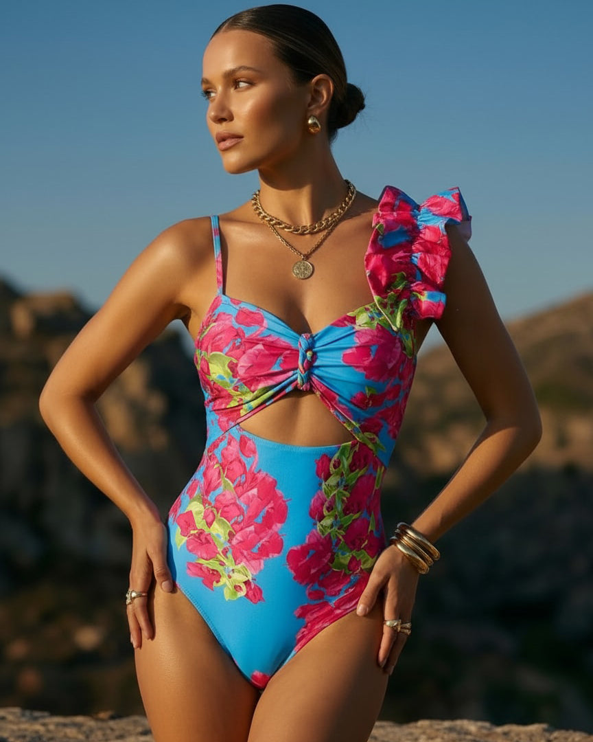 Women's Laser Cut Flower Hollow One-Piece Swimsuit with Cover Up Skirt V-Neck Elegant Beach Summer Swimwear – Navy Blue