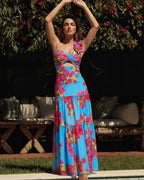 Women's Laser Cut Flower Hollow One-Piece Swimsuit with Cover Up Skirt V-Neck Elegant Beach Summer Swimwear – Navy Blue