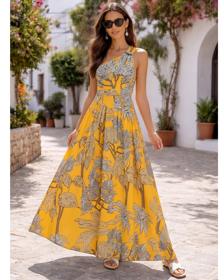 Women's One-Shoulder Floral Printed One-Piece Swimsuit & Long Skirt Set Beach Vacation Pool Party Resort Tropical Summer – Yellow