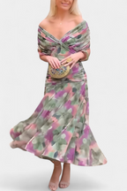 Women's Elegant Off-Shoulder Midi Dress Draped Ruched Bodice Floral Feminine – Lowenna