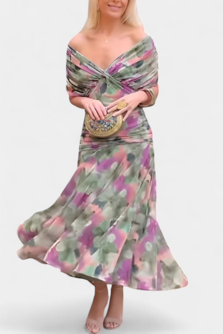 Women's Elegant Off-Shoulder Midi Dress Draped Ruched Bodice Floral Feminine – Lowenna