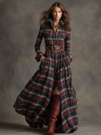 Women's Retro Ethnic Plaid Cowgirl Long Dress Lapel Belted Long Sleeve Casual Relaxed – Reddish Brown