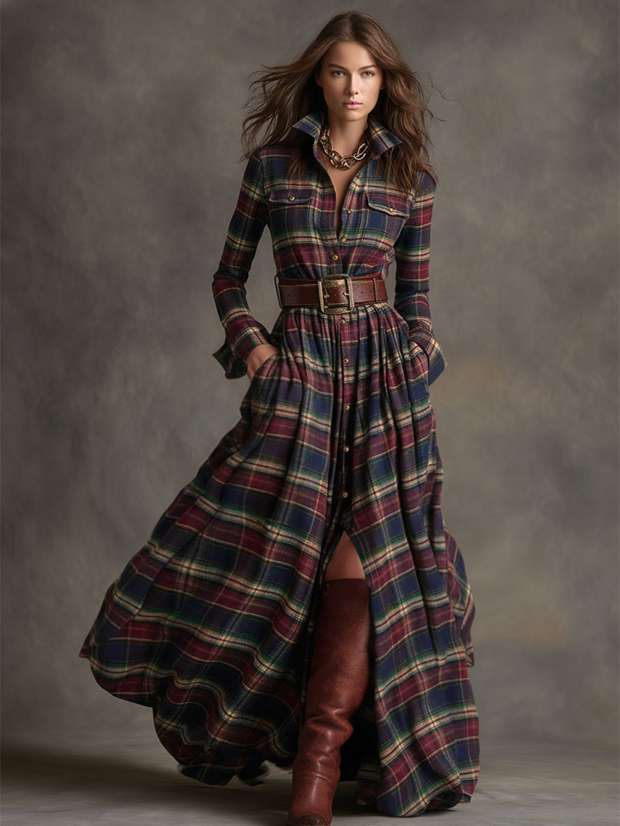 Women's Retro Ethnic Plaid Cowgirl Long Dress Lapel Belted Long Sleeve Casual Relaxed – Reddish Brown