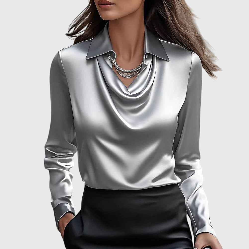 Women's Elegant Satin Blouse Cowl Neck Long Sleeve Luxe Shine Flowing Fit Casual Chic – Brooklyn
