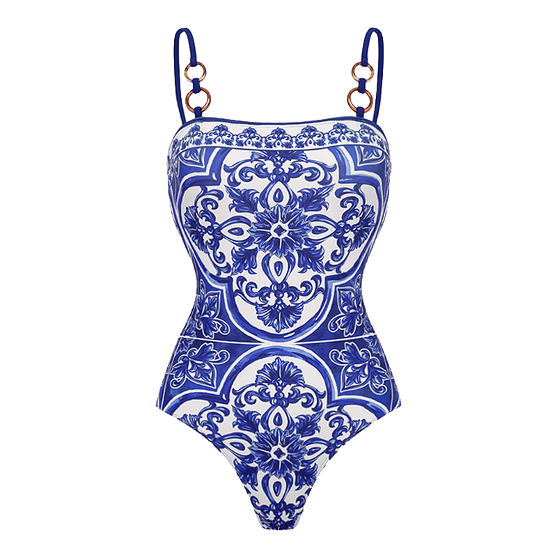 Women's Majolica Print One-Piece Swimsuit & Skirt or Shorts Set Sling Neck Beach Vacation Resort Pool Party Cruise Summer – Blue & White