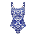 Women's Majolica Print One-Piece Swimsuit & Skirt or Shorts Set Sling Neck Beach Vacation Resort Pool Party Cruise Summer – Blue & White