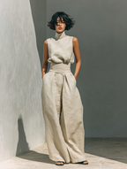Women's Minimalist Cotton Linen Two-Piece Set Sleeveless Blouse Wide-Leg Pants Casual Chic – Beige
