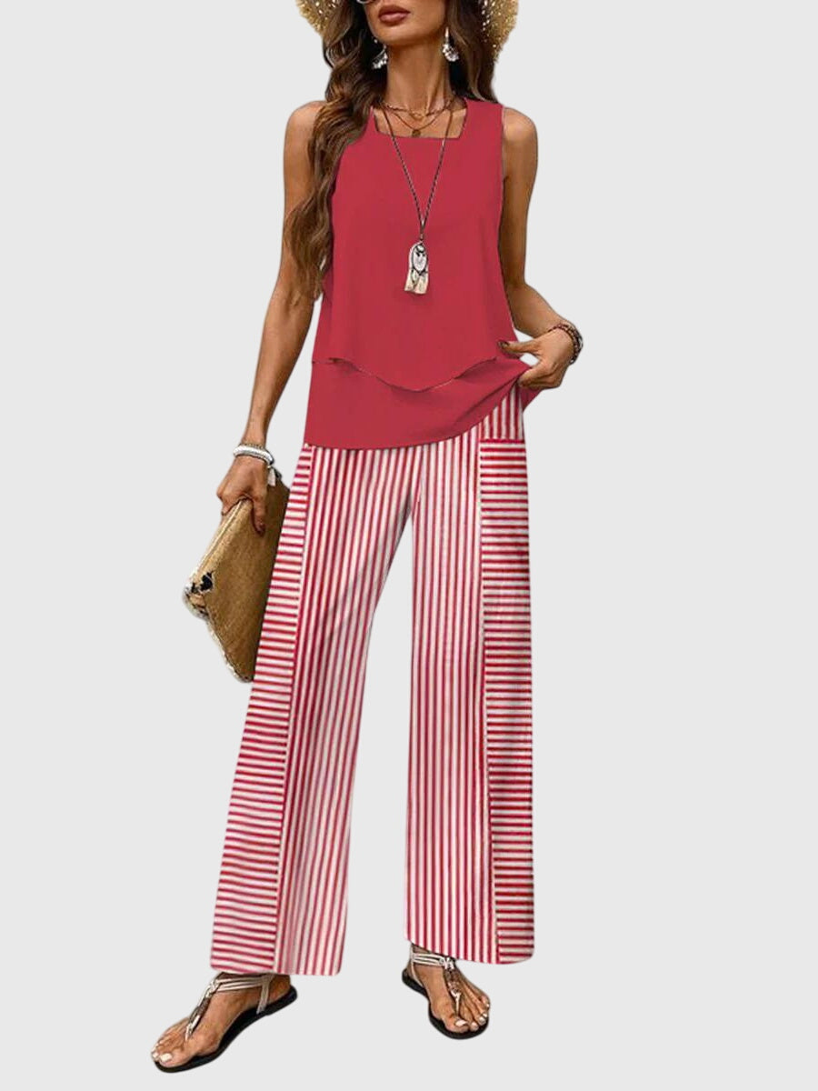 Women's Elegant 2-Piece Summer Set Square Neck Top Wide-Leg Pants Floral Print Casual Chic – Brenda