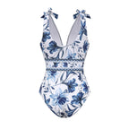 Women's V-Neck Lace-Up Floral Printed One-Piece Swimsuit & Long Skirt Set Tie Shoulder Beach Vacation Resort Pool Party Cruise Honeymoon – Blue & White