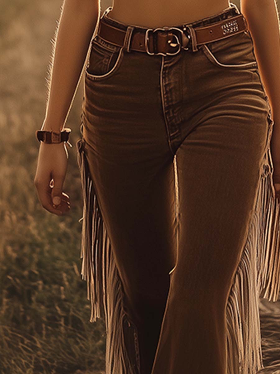 Women's Vintage Western Flared Jeans Fringe Tassel Loose Fit Casual Retro Denim – Brown