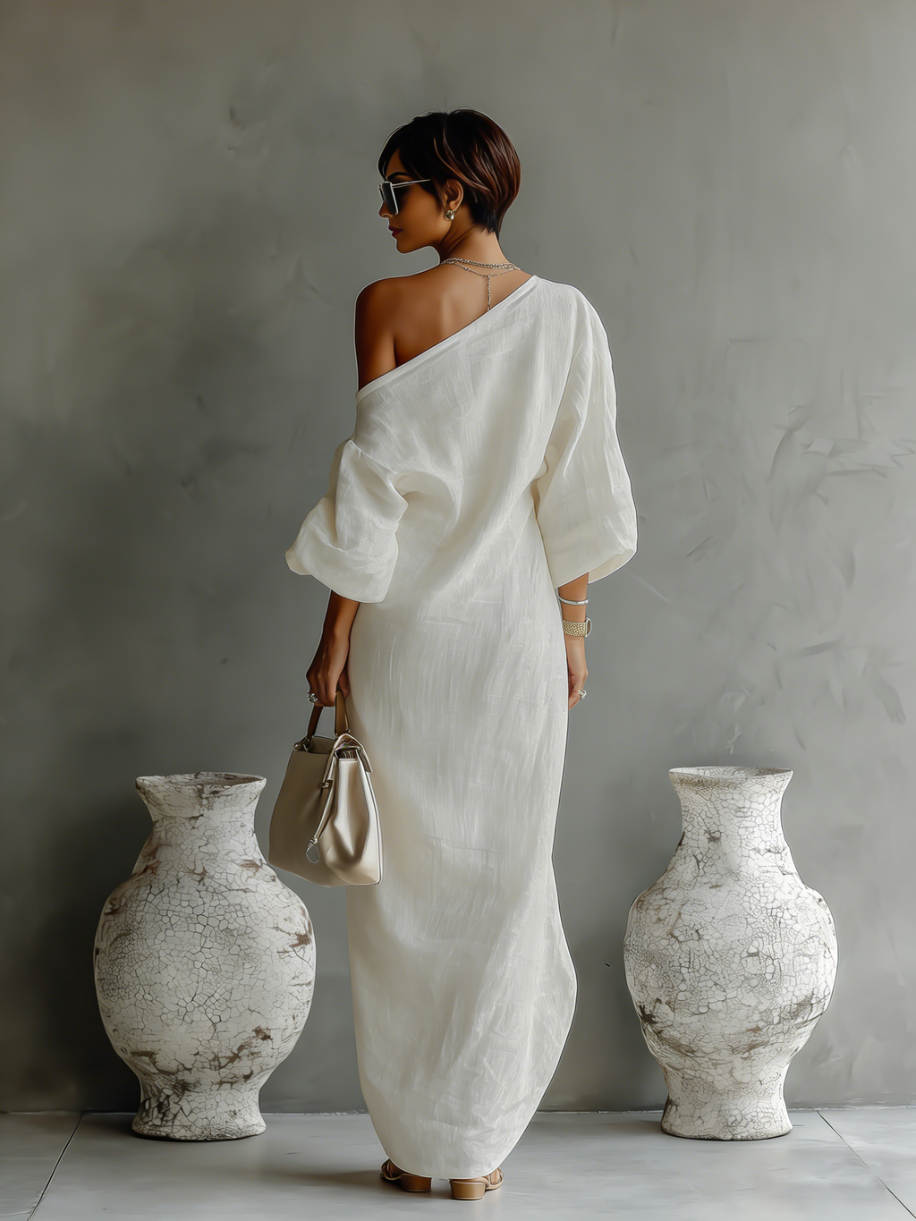 Women's Elegant One-Shoulder Long Dress Cotton Linen Flowing Formal Party Wedding Guest – Ivory White