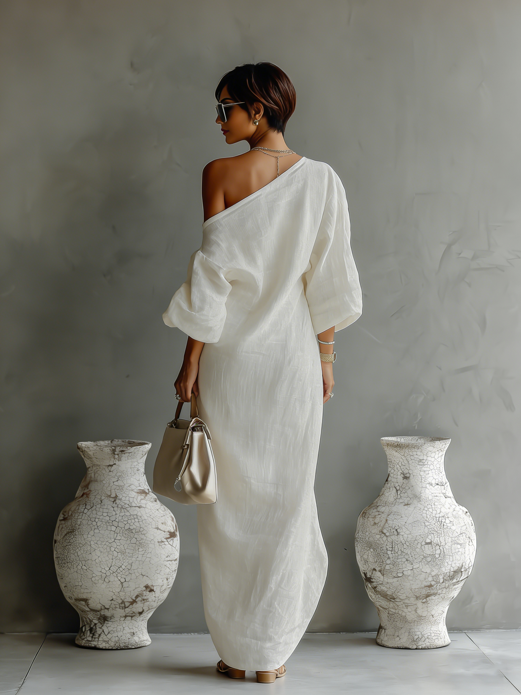 Women's Elegant One-Shoulder Long Dress Cotton Linen Flowing Formal Party Wedding Guest – Ivory White