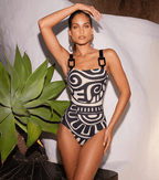 Women's Tribal Print One-Piece Swimsuit & Long Skirt Set Adjustable Straps Beach Vacation Pool Party Summer Resort – Black & White