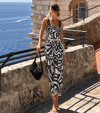 Women's Tribal Print One-Piece Swimsuit & Long Skirt Set Adjustable Straps Beach Vacation Pool Party Summer Resort – Black & White