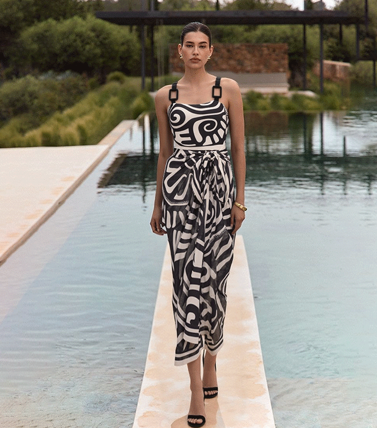 Women's Tribal Print One-Piece Swimsuit & Long Skirt Set Adjustable Straps Beach Vacation Pool Party Summer Resort – Black & White
