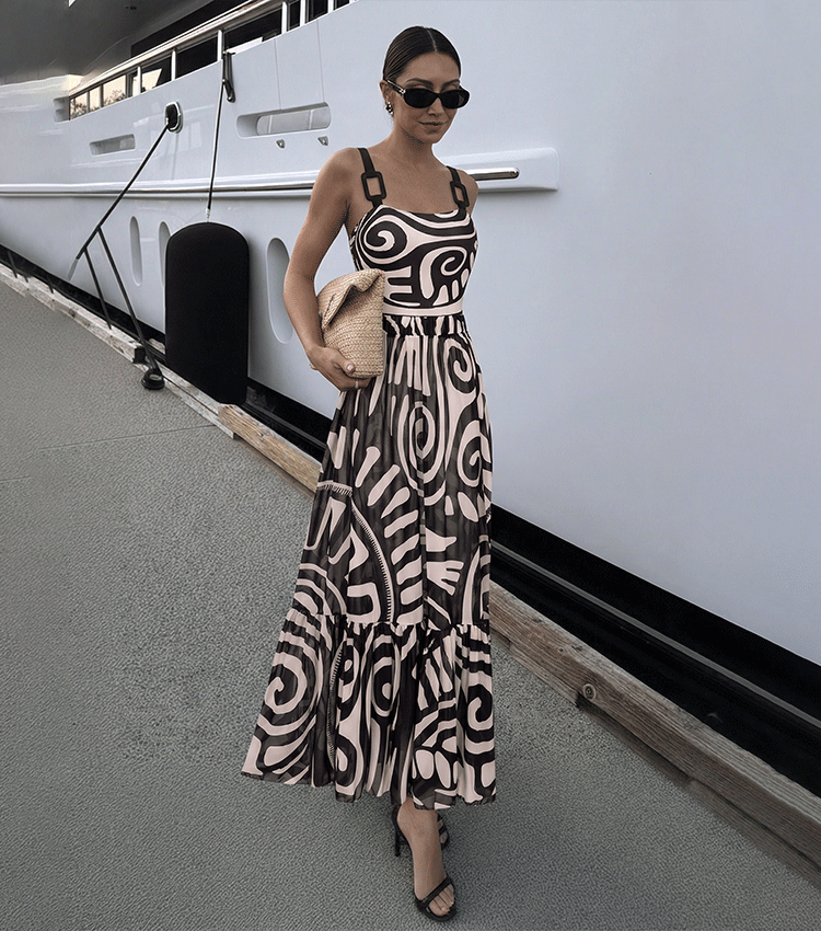 Women's Tribal Print One-Piece Swimsuit & Long Skirt Set Adjustable Straps Beach Vacation Pool Party Summer Resort – Black & White