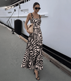 Women's Tribal Print One-Piece Swimsuit & Long Skirt Set Adjustable Straps Beach Vacation Pool Party Summer Resort – Black & White