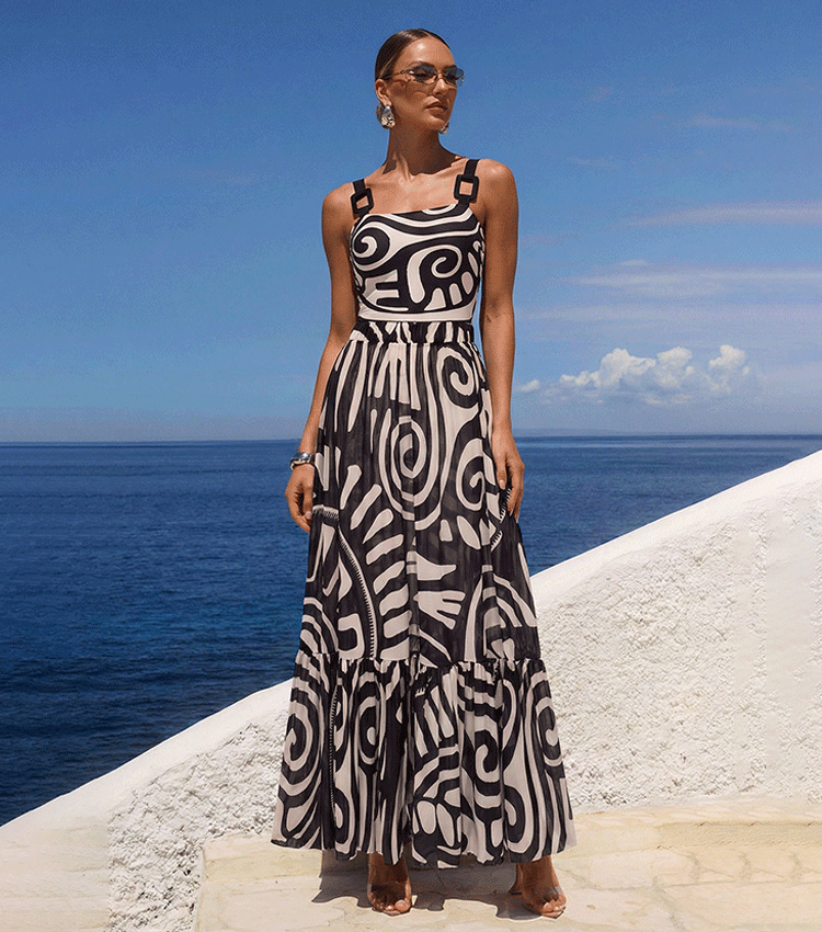 Women's Tribal Print One-Piece Swimsuit & Long Skirt Set Adjustable Straps Beach Vacation Pool Party Summer Resort – Black & White