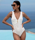Women's V-Neck Laser Cut Floral Hollow-Out One-Piece Swimsuit & Long Skirt Set Beach Vacation Resort Pool Party Cruise Honeymoon – White