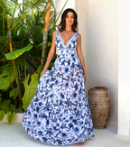 Women's V-Neck Lace-Up Floral Printed One-Piece Swimsuit & Long Skirt Set Tie Shoulder Beach Vacation Resort Pool Party Cruise Honeymoon – Blue & White