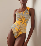 Women's One-Shoulder Floral Printed One-Piece Swimsuit & Long Skirt Set Beach Vacation Pool Party Resort Tropical Summer – Yellow