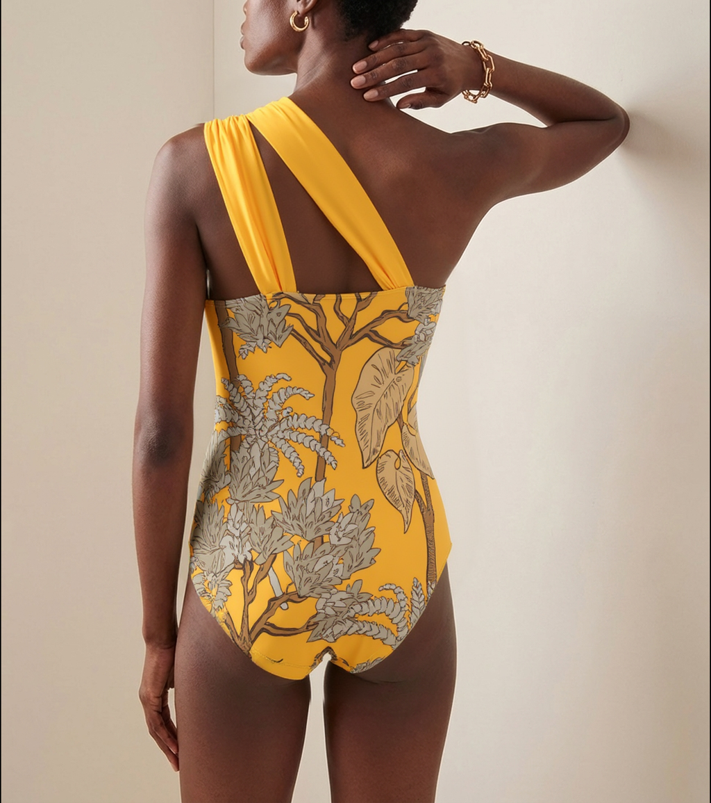 Women's One-Shoulder Floral Printed One-Piece Swimsuit & Long Skirt Set Beach Vacation Pool Party Resort Tropical Summer – Yellow