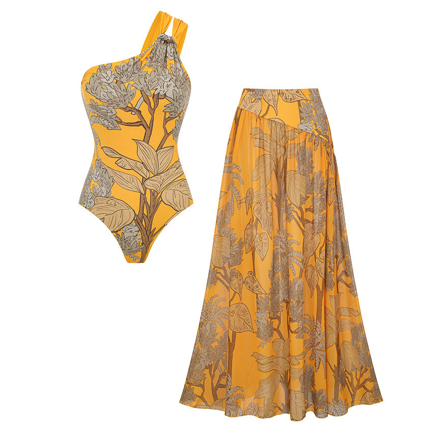 Women's One-Shoulder Floral Printed One-Piece Swimsuit & Long Skirt Set Beach Vacation Pool Party Resort Tropical Summer – Yellow