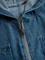 Women's Casual Loose Retro Denim Jumpsuit Hooded Zipper Sleeve Pocket Vintage – Blue