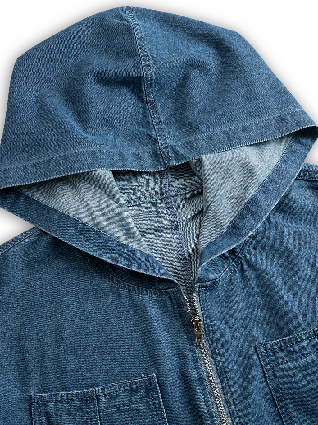 Women's Casual Loose Retro Denim Jumpsuit Hooded Zipper Sleeve Pocket Vintage – Blue