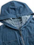 Women's Casual Loose Retro Denim Jumpsuit Hooded Zipper Sleeve Pocket Vintage – Blue