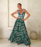 Women's V-Neck Lace-Up Printed One-Piece Swimsuit & Long Skirt Set Casual Beach Vacation Summer Resort Cover-Up – Green Floral