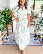 Women's Toile Midi Dress Smocked Waist Tiered Skirt Floral Spring Garden Casual Summer Elegant – Camille