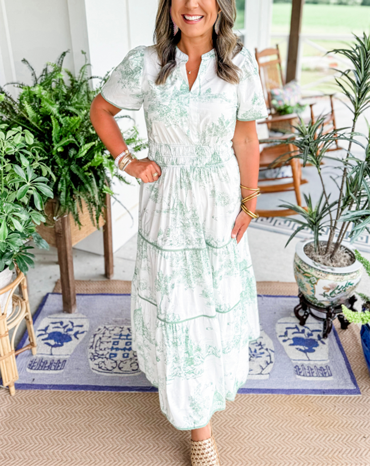 Women's Toile Midi Dress Smocked Waist Tiered Skirt Floral Spring Garden Casual Summer Elegant – Camille